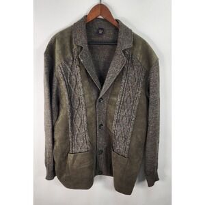 Vtg German Gordon James Men's L Wool Faux Suede Grandpa Cardigan Green  Sweater